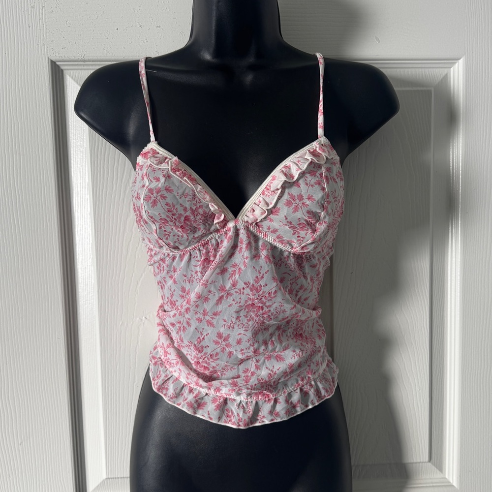 Vintage Y2K women’s camisole Sheer Mesh Pink and white ruffle floral print XS/S